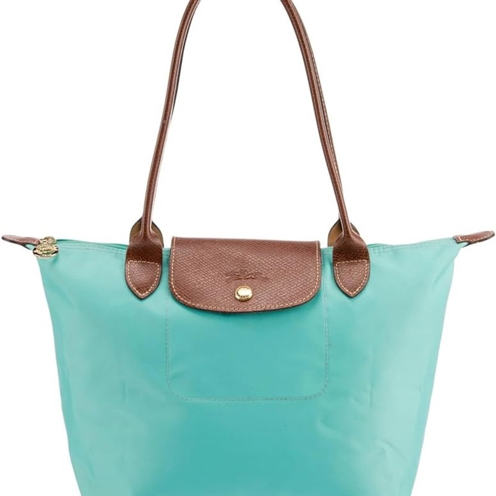 Longchamp Turquoise Tote with Brown Trim